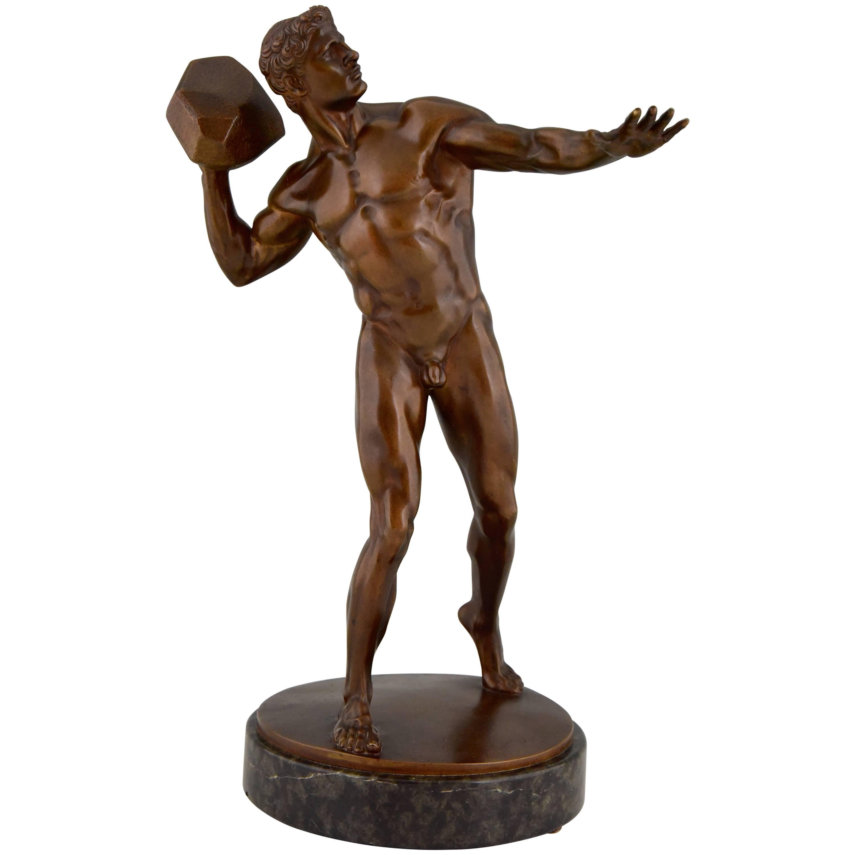 Antique Bronze Sculpture Male Nude Throwing Stone Hugo Siegwart
