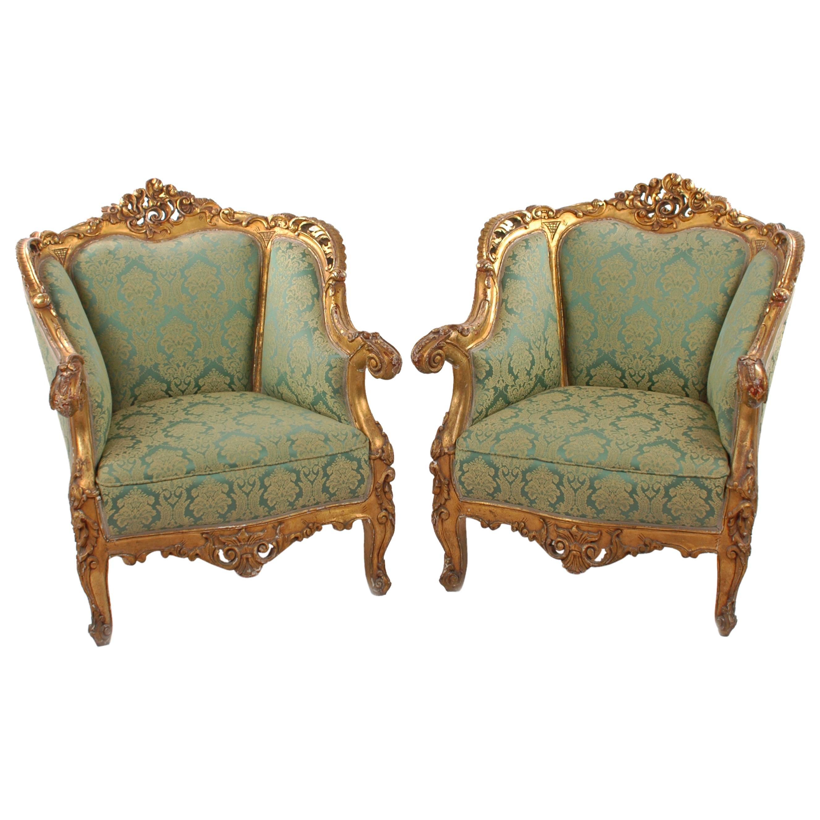 Pair of Mid Century Armchairs, Neo-Rococo, 1850-60, green, gold, Germany