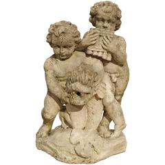 1900s Cast Reconstituted Stone Putti and Dolphin Statue/Fountain from France
