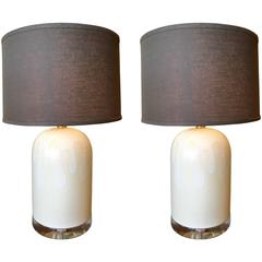 Pair of Midcentury White Porcelain Lamps with Lucite Base