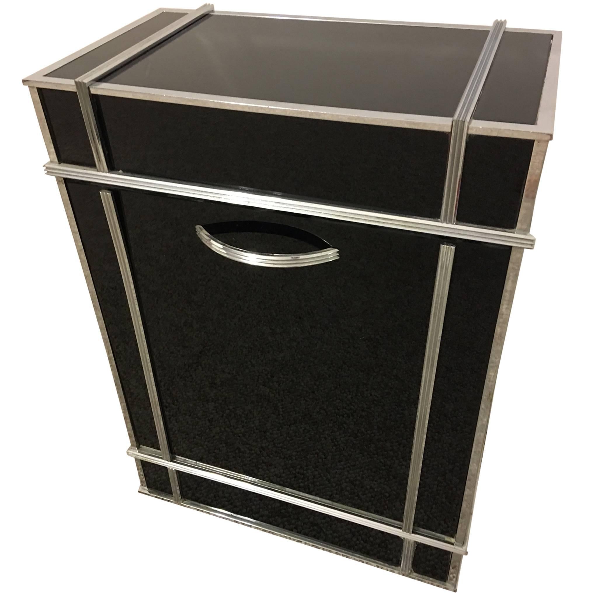 Superb Modernist Raymond Hood Art Deco Black Glass and Chrome Clothing Hamper  For Sale