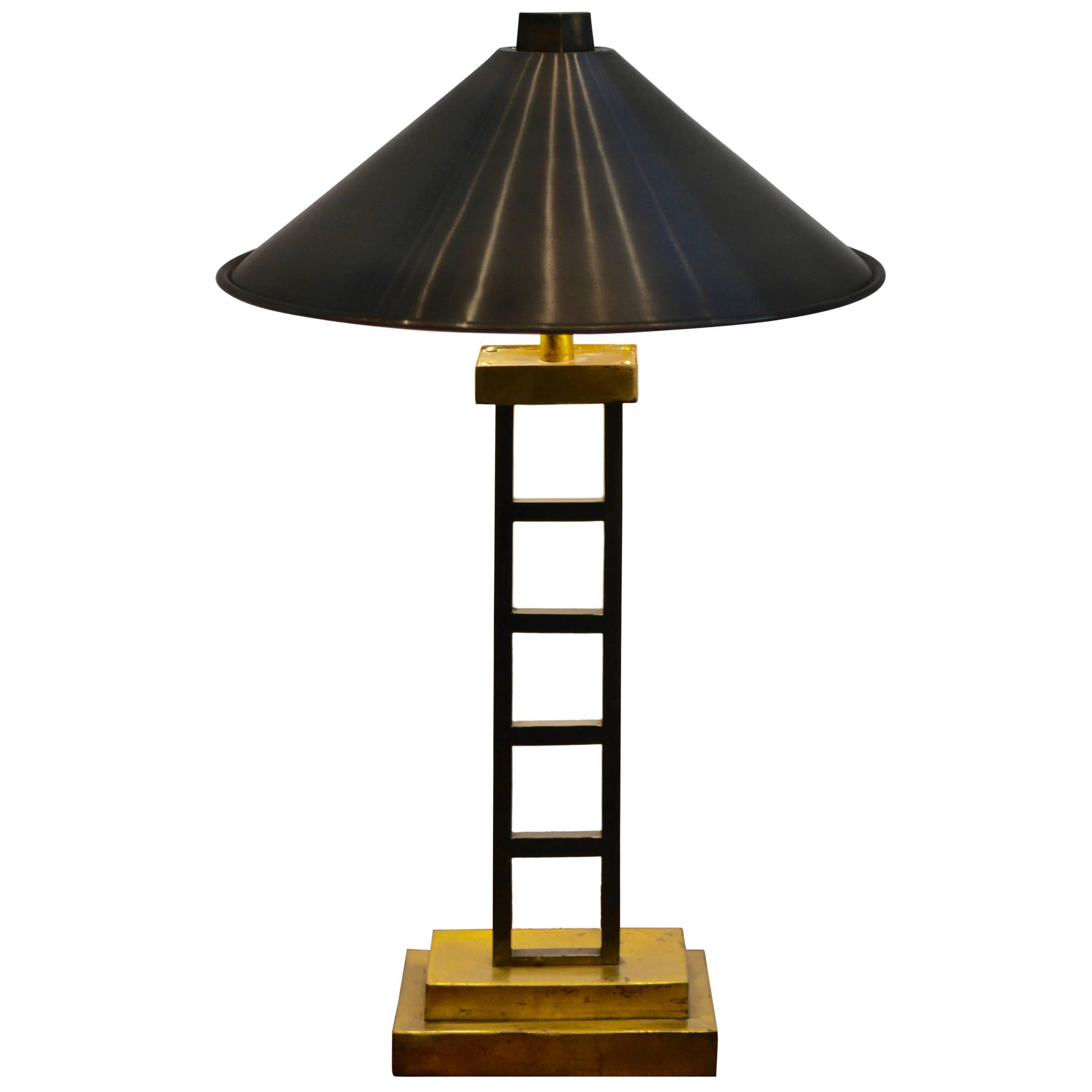 Machine Age Industrial Aluminum and Brass Table Lamp with Aluminum Shade For Sale