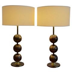 Pair of Mid-Century Modern Machine Age Stacked Brass Ball Table Lamps