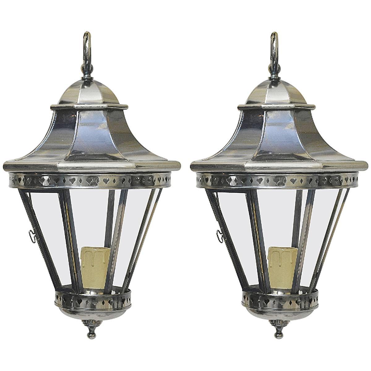 Pair of Vintage Polished Nickel Lanterns or Pendants For Sale