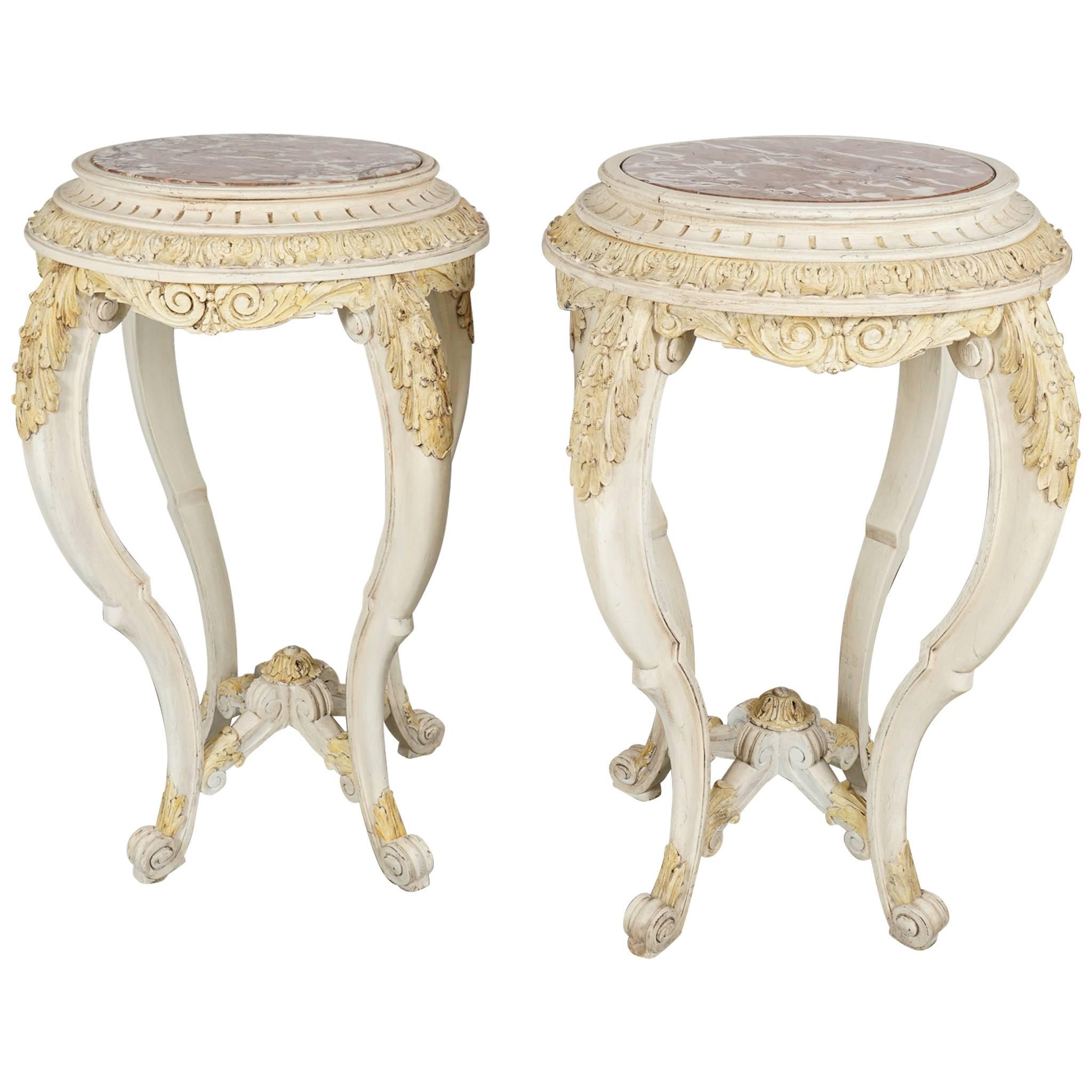 Pair Late 19th C.Louis XV style  Carved & Painted Wood, Marble Topped Guéridon