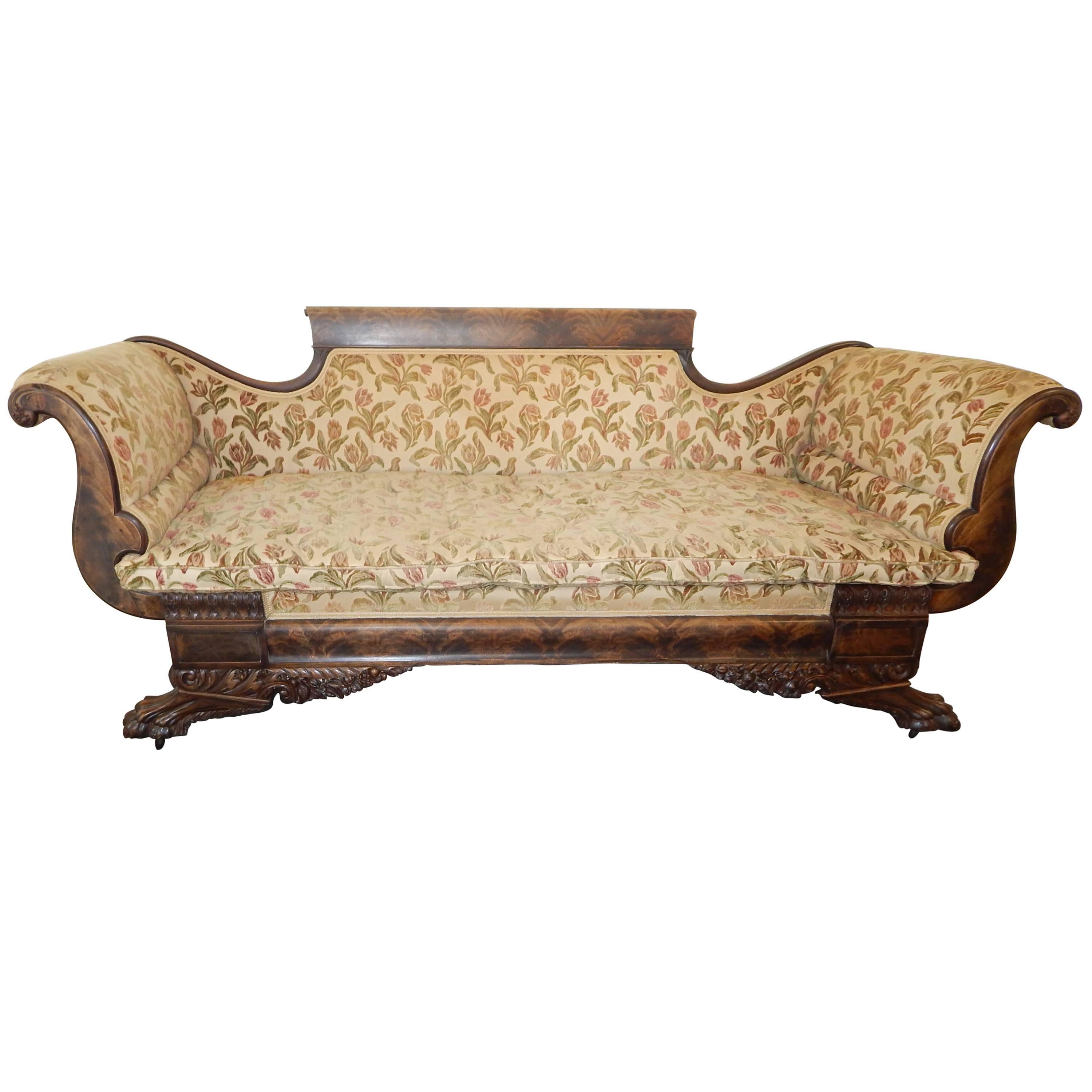  American Empire Carved Mahogany Settee For Sale
