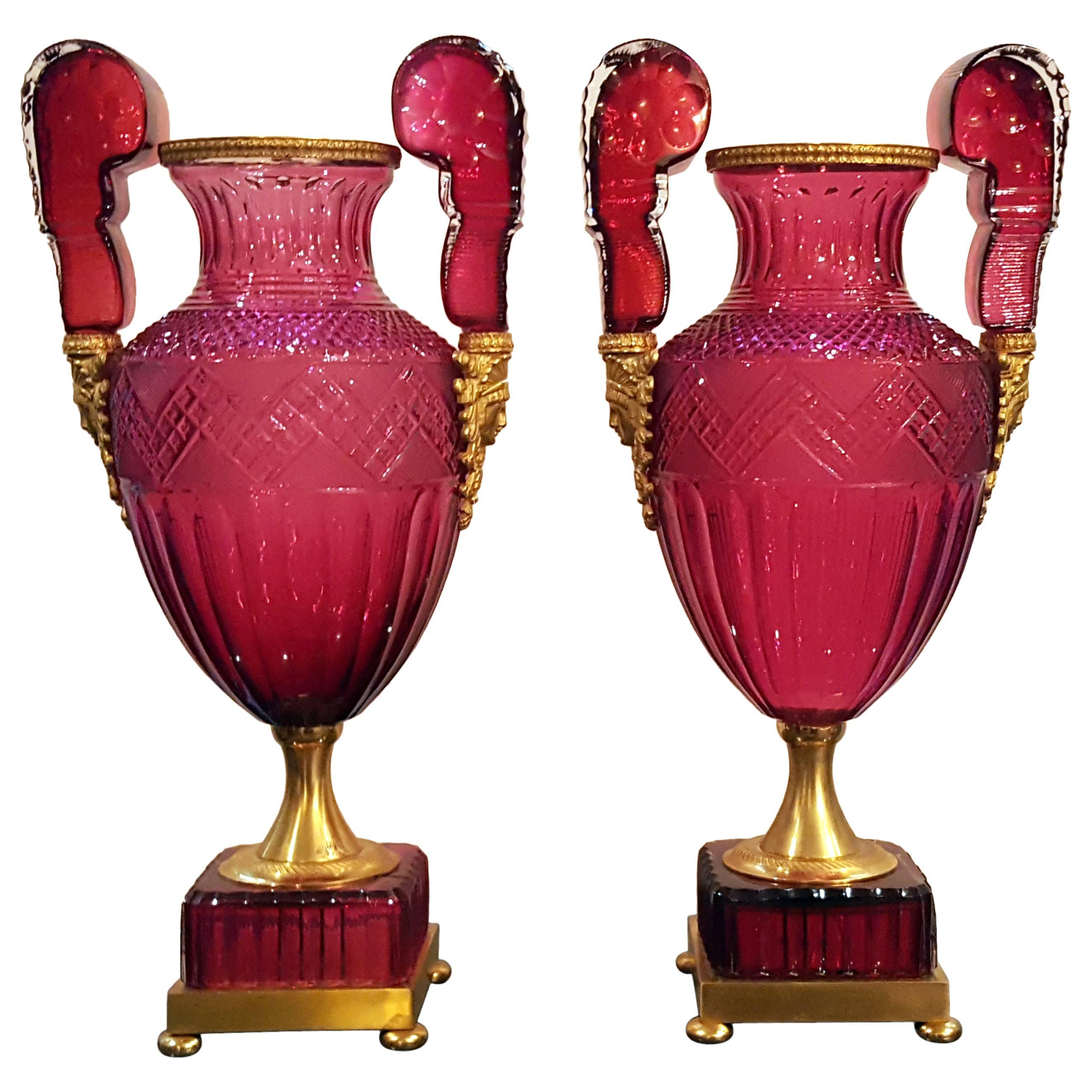 Pair of Ruby Vases Attributed to Saint Petersburg Imperial Glassworks  For Sale