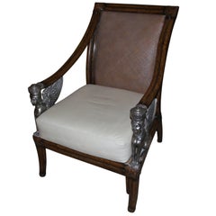Egyptian Revival Cane and Leather Armchair with Sphinx Arms