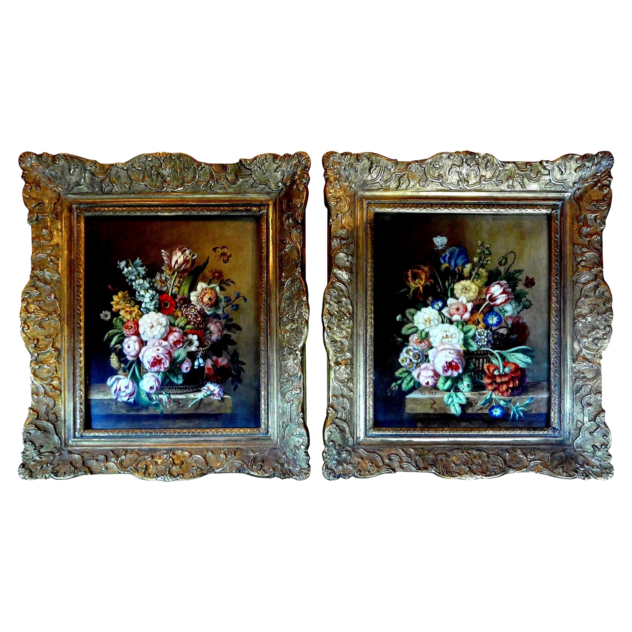 Coppia di dipinti a olio floreali con cornice in stile Antique French