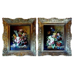 Coppia di dipinti a olio floreali con cornice in stile Antique French