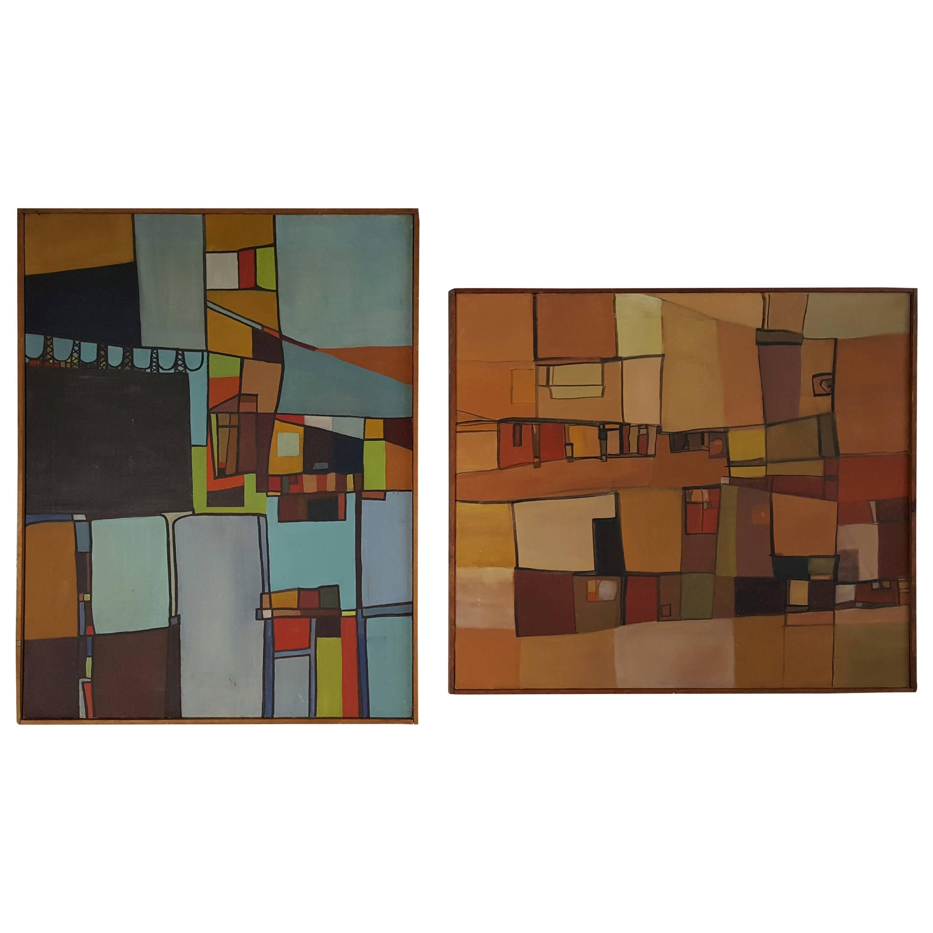 Mid-Century Modern Abstract Constructivism Oil Paintings, DeGlopper