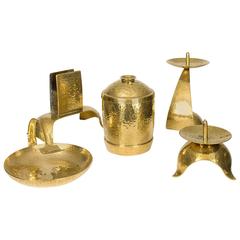 Vintage 1930s Bauhaus Hammered Brass Desk Set by Benno Meyer