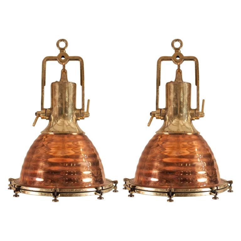 Pair of Large Copper and Brass Nautical Ship Deck Lights For Sale at