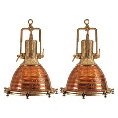 Retro Pair of Large Copper and Brass Nautical Ship Deck Lights