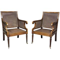 Antique Pair of Regency Style Mahogany and Inlaid Caned Armchairs