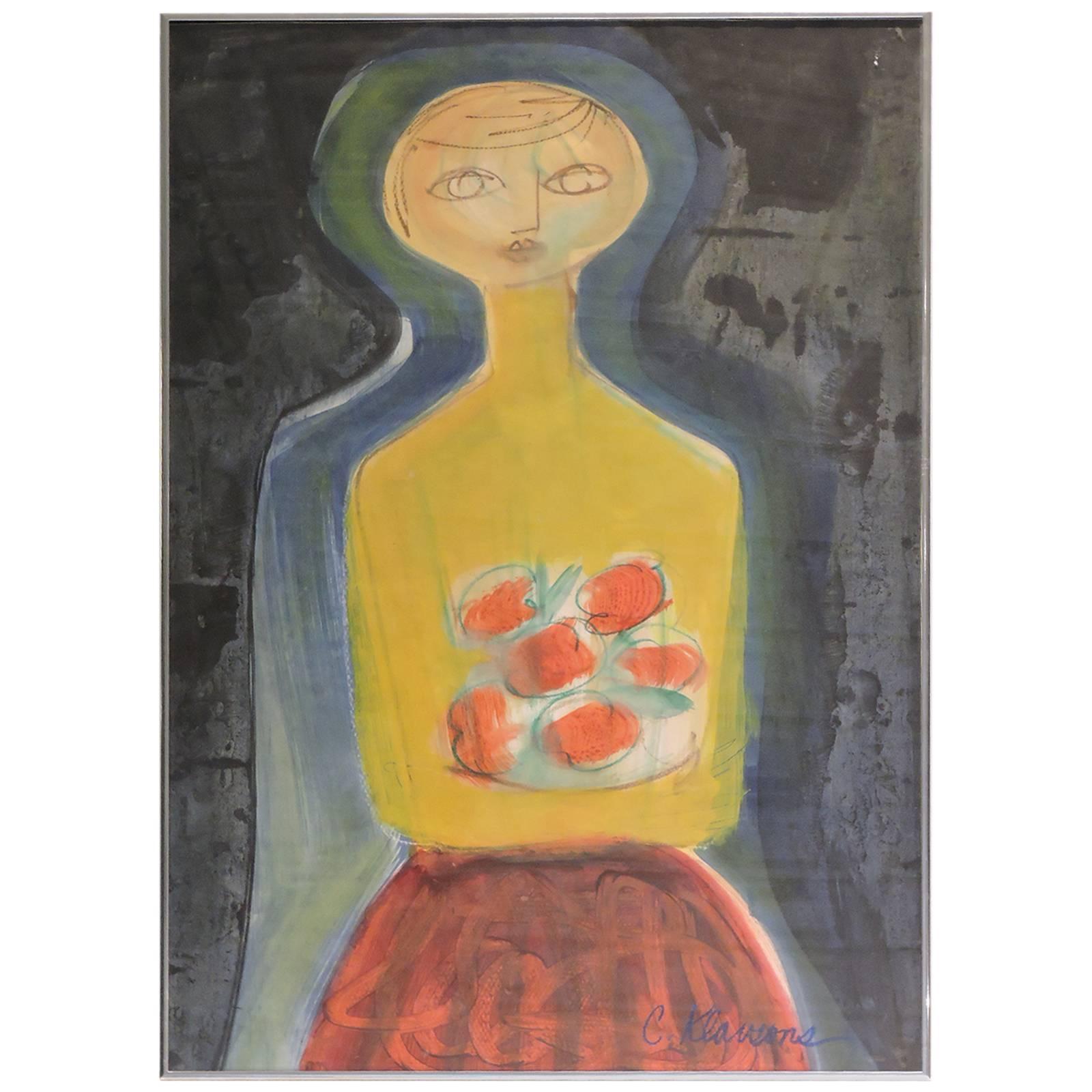 Bold Modernist Painting of Woman with Flowers
