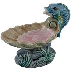 19th Century French Majolica Pottery Fish and Shell Pedestal Master Salt Cellar