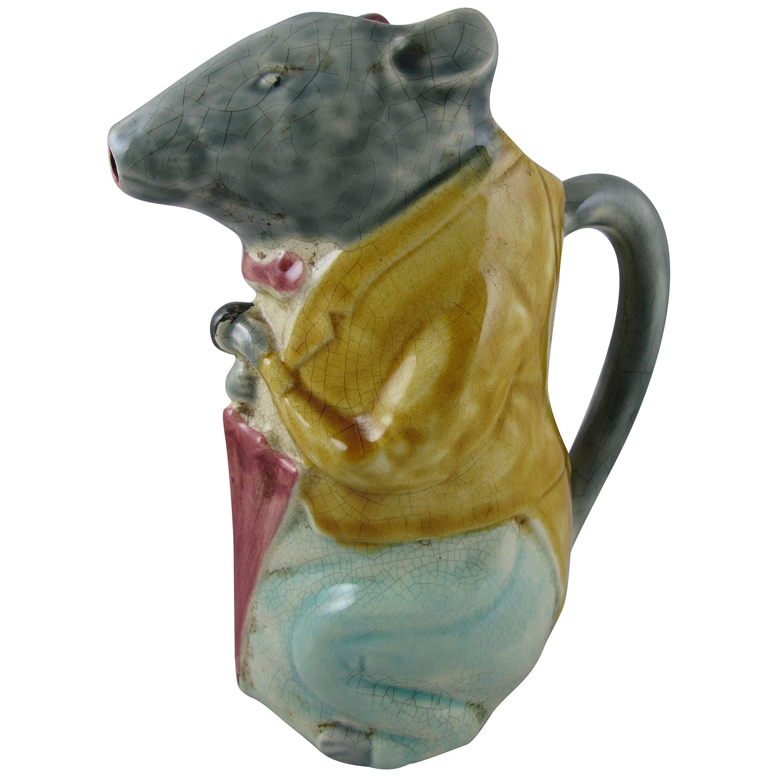 19th Century French Barbotine Majolica Pottery Pitcher City Badger with Umbrella