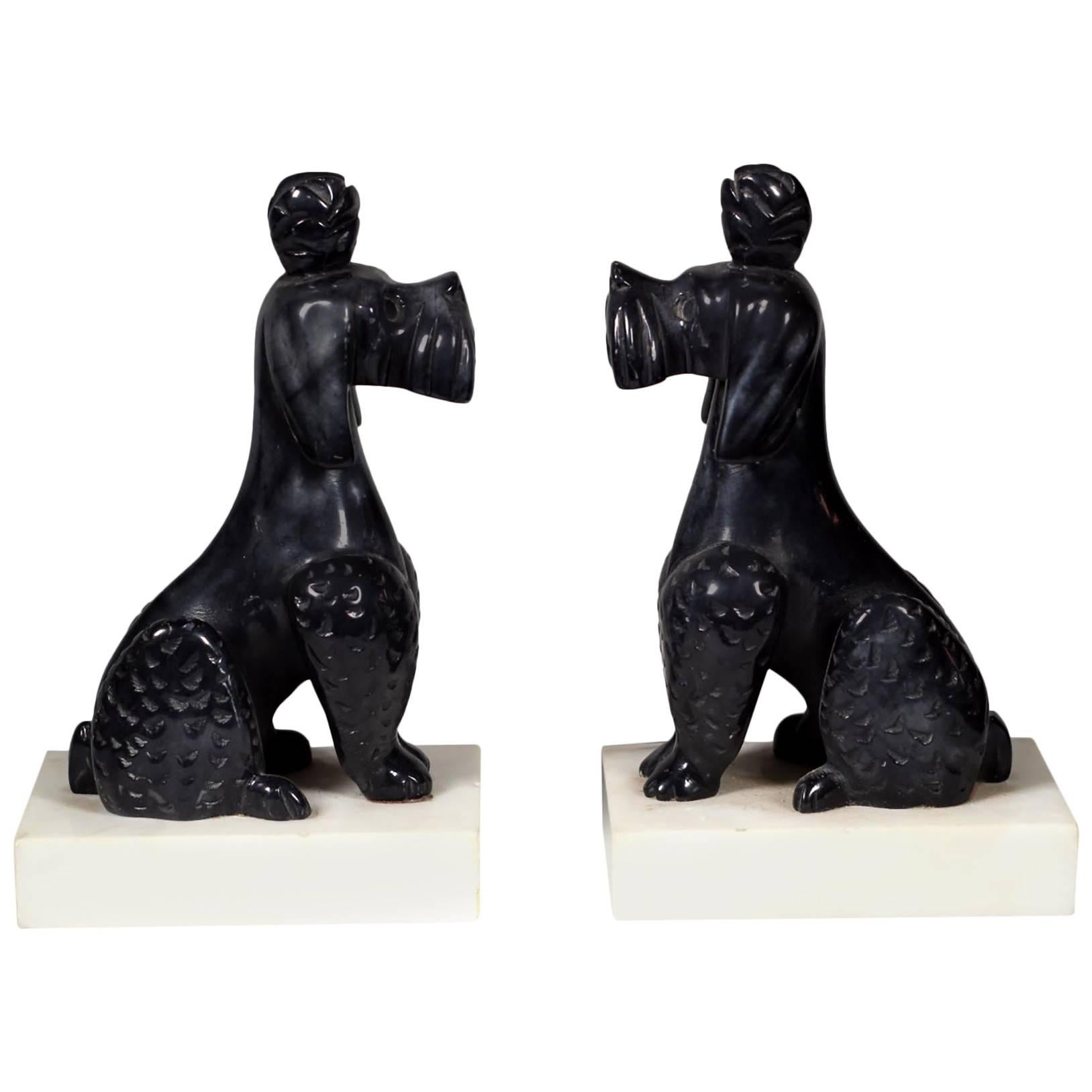 Pair of Early 20th Century Alabaster Poodle Bookends