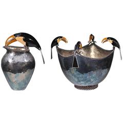 Emilia Castillo Silver Plated Mexican Toucan Pitcher and Punch Bowl