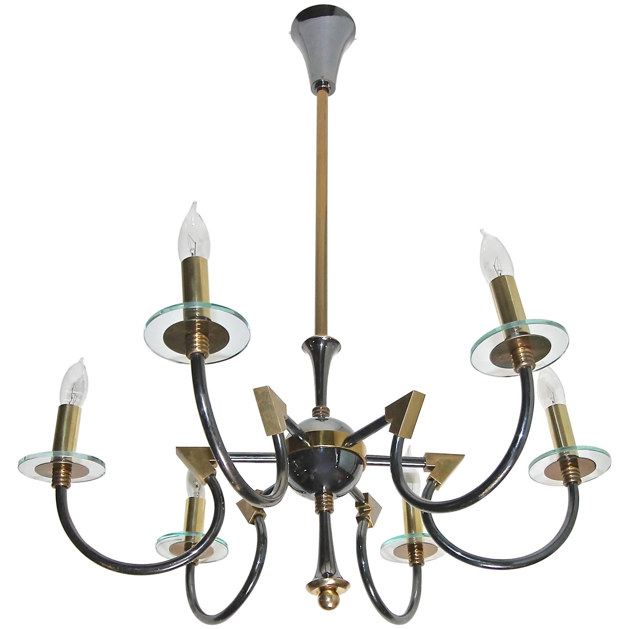 French Moderne Patinated Brass Chandelier by Maison Lunel