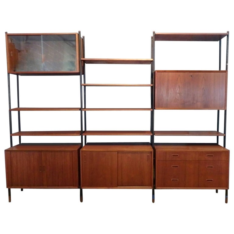 Arne Vodder Attributed Steel Frame Danish Teak Modular Wall Unit Room Divider For Sale