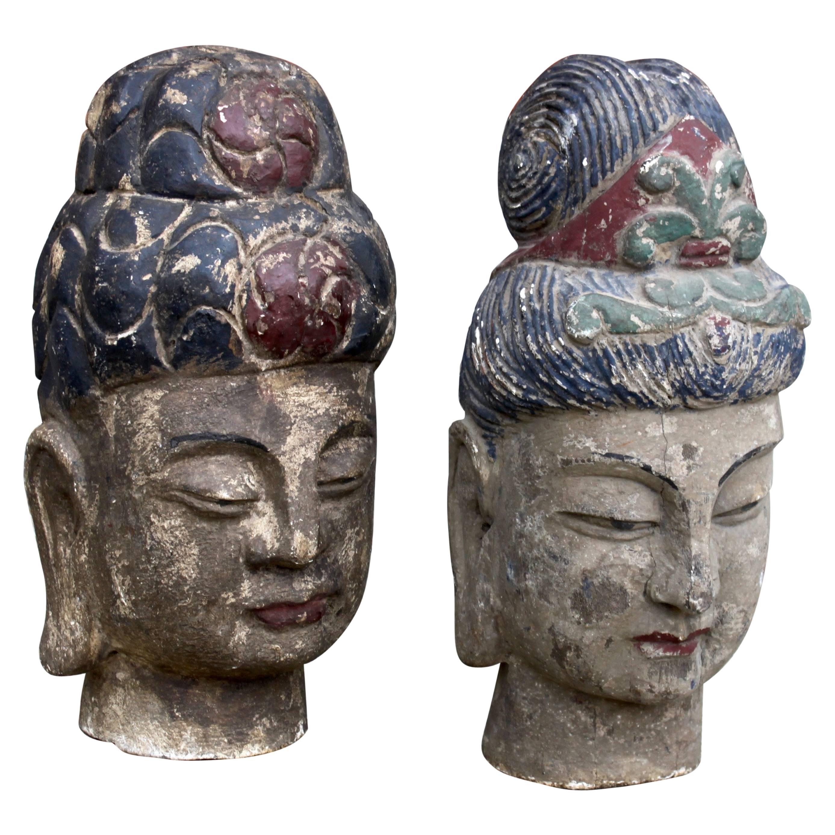 Pair of Carved Wood Polychrome Chinese Heads For Sale