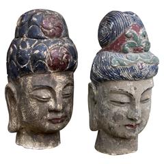 Pair of Carved Wood Polychrome Chinese Heads