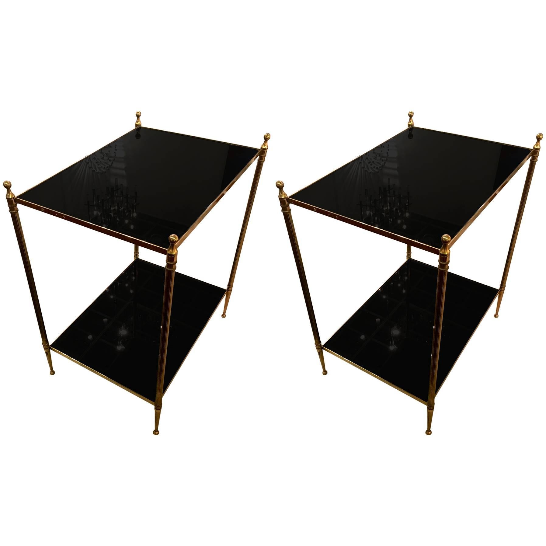 Maison Jansen Chic Pair of Neoclassic Two Tiers Bronze and Black Opaline Tables