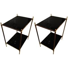 Maison Jansen Chic Pair of Neoclassic Two Tiers Bronze and Black Opaline Tables