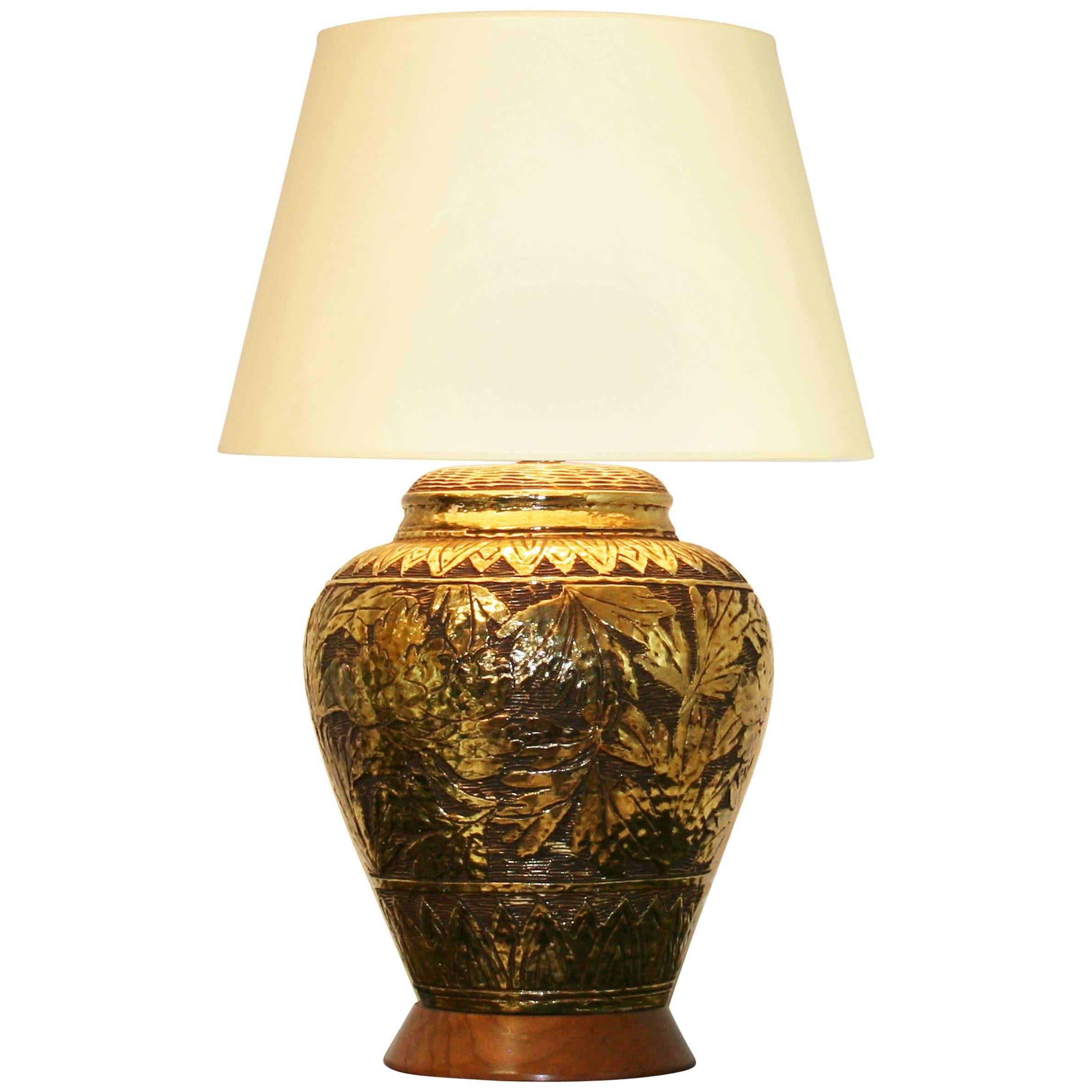 Large Mid-Century Modern Gold Glazed Incised Lamp For Sale