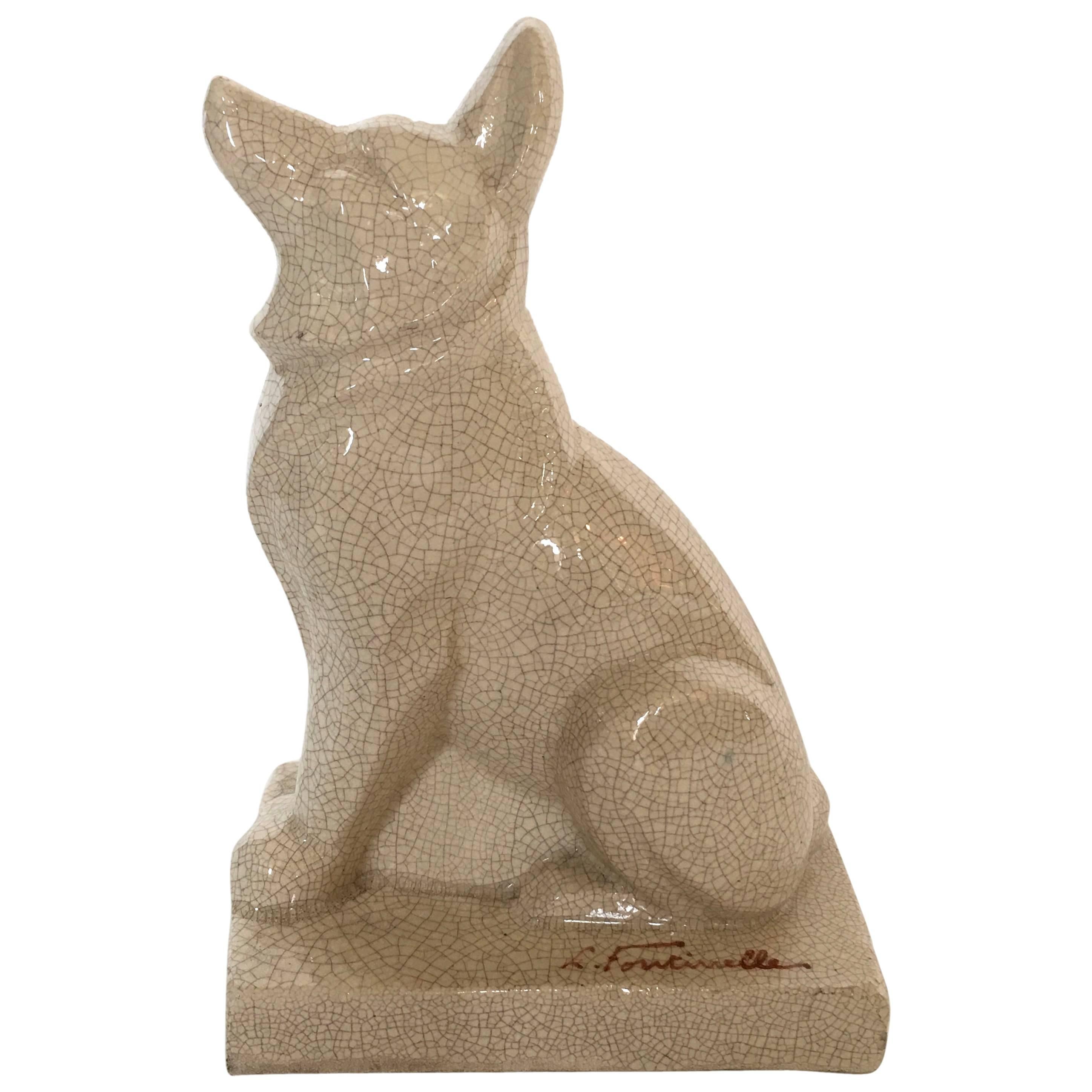 French Art Deco Ceramic Dog Sculpture by Louis Fontinelle