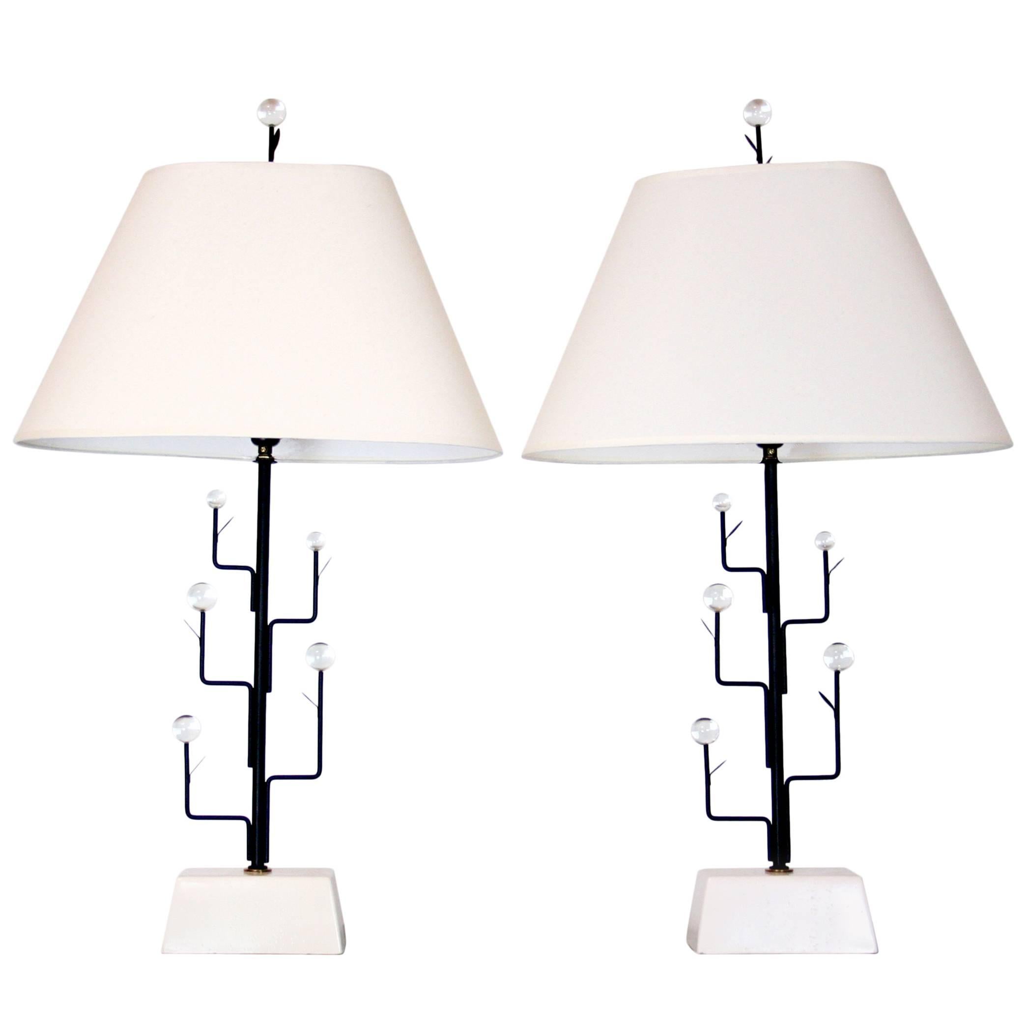 Pair of Italian Mid-Century Modern Metal and Glass "Tree" Lamps For Sale