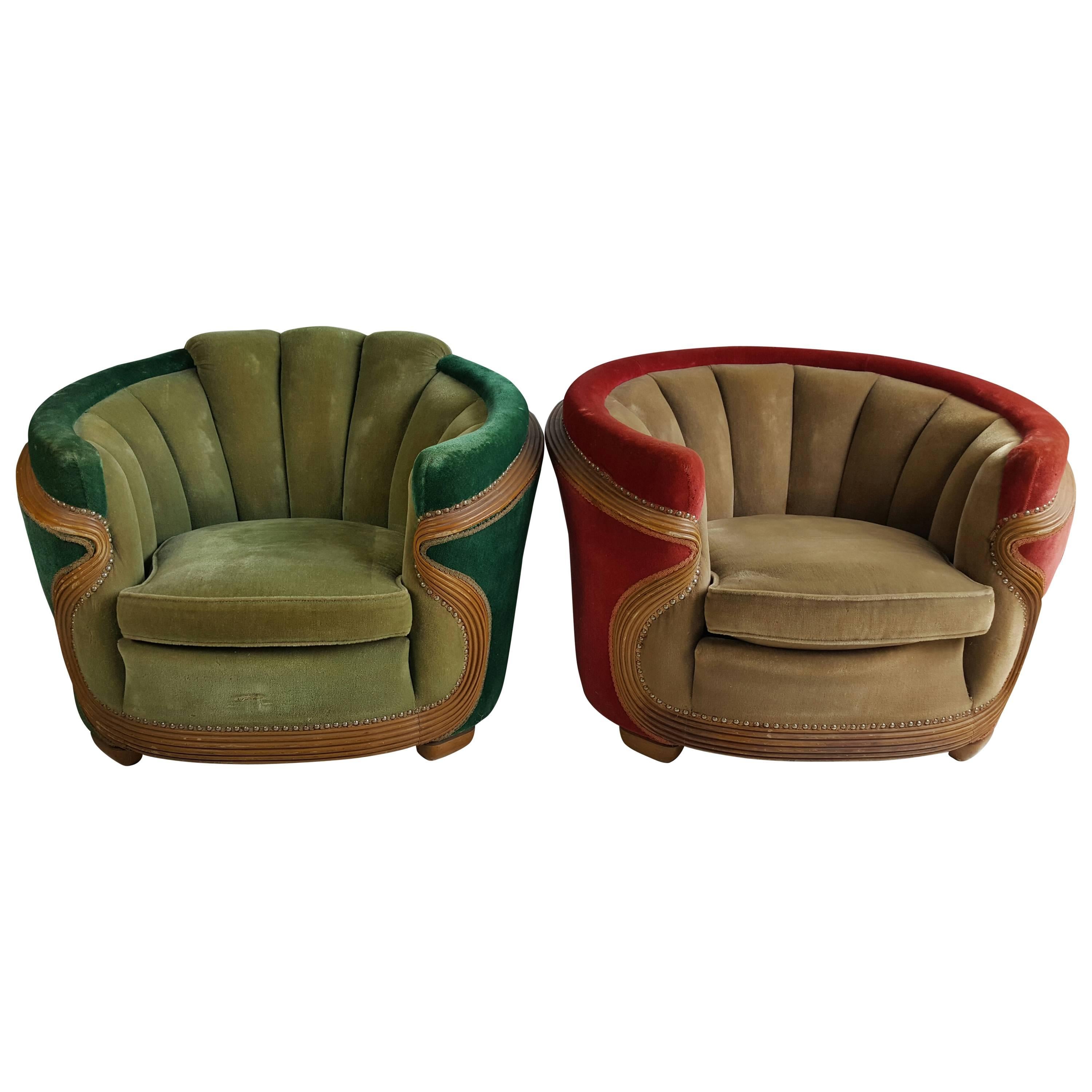 Pair of Art Deco Mohair Club/Lounge Chairs, Two-Tone, Unusual Serpentine Wood