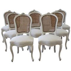 Set of Eight Vintage French Painted Cane Back Dining Chairs