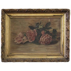 Antique Roses Oil on Canvas Painting in Giltwood Frame