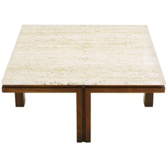 Walnut and Travertine Square Coffee Table with Offset Legs