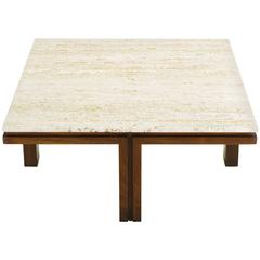 Walnut and Travertine Square Coffee Table with Offset Legs 7