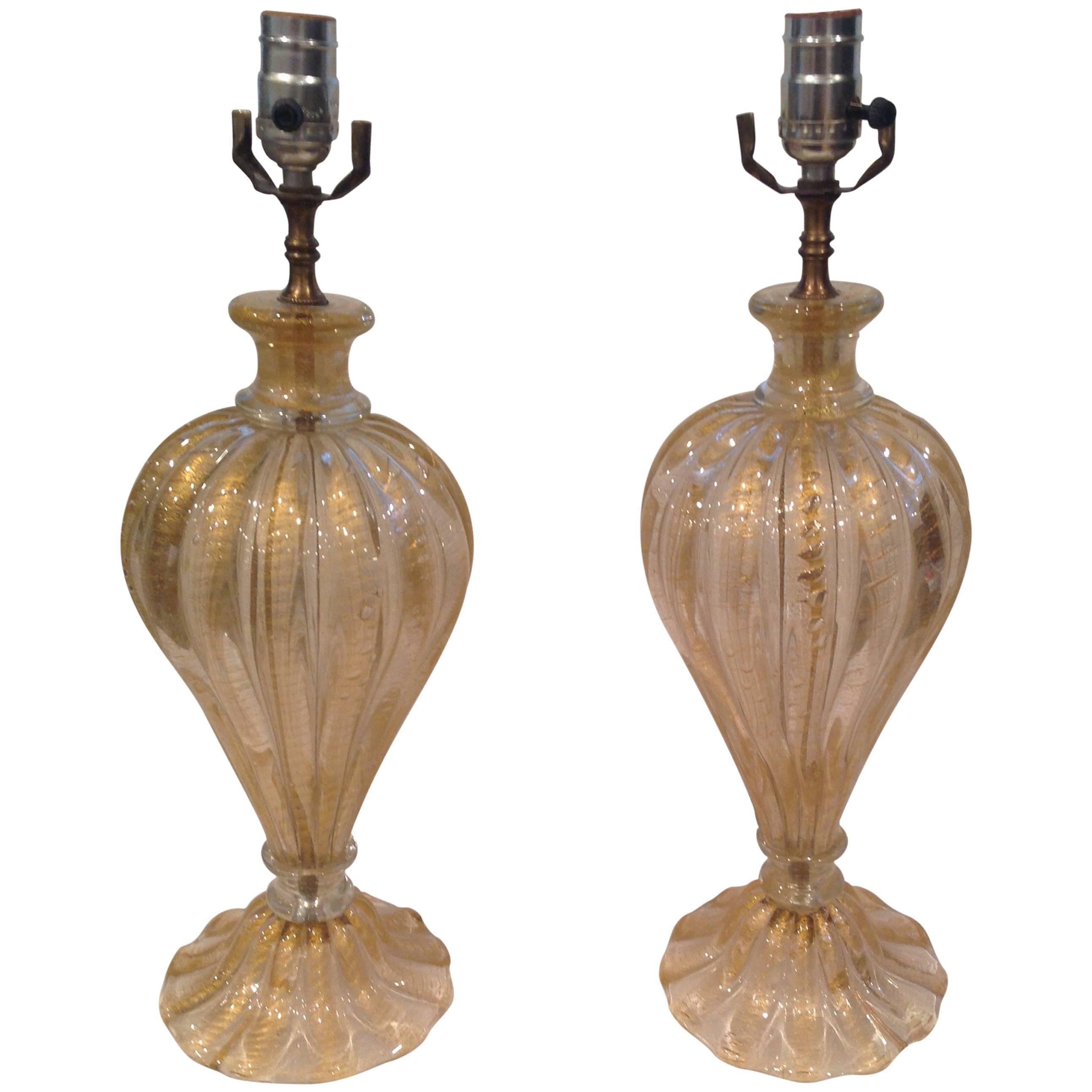 Vibrant Pair of Gold Cordonato D'oro Barovier and Toso Murano Lamps