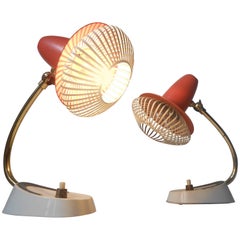 Pair of Adjustable Red Table Lamps, Stilnovo Style, Possibly Swiss, ca. 1958-60