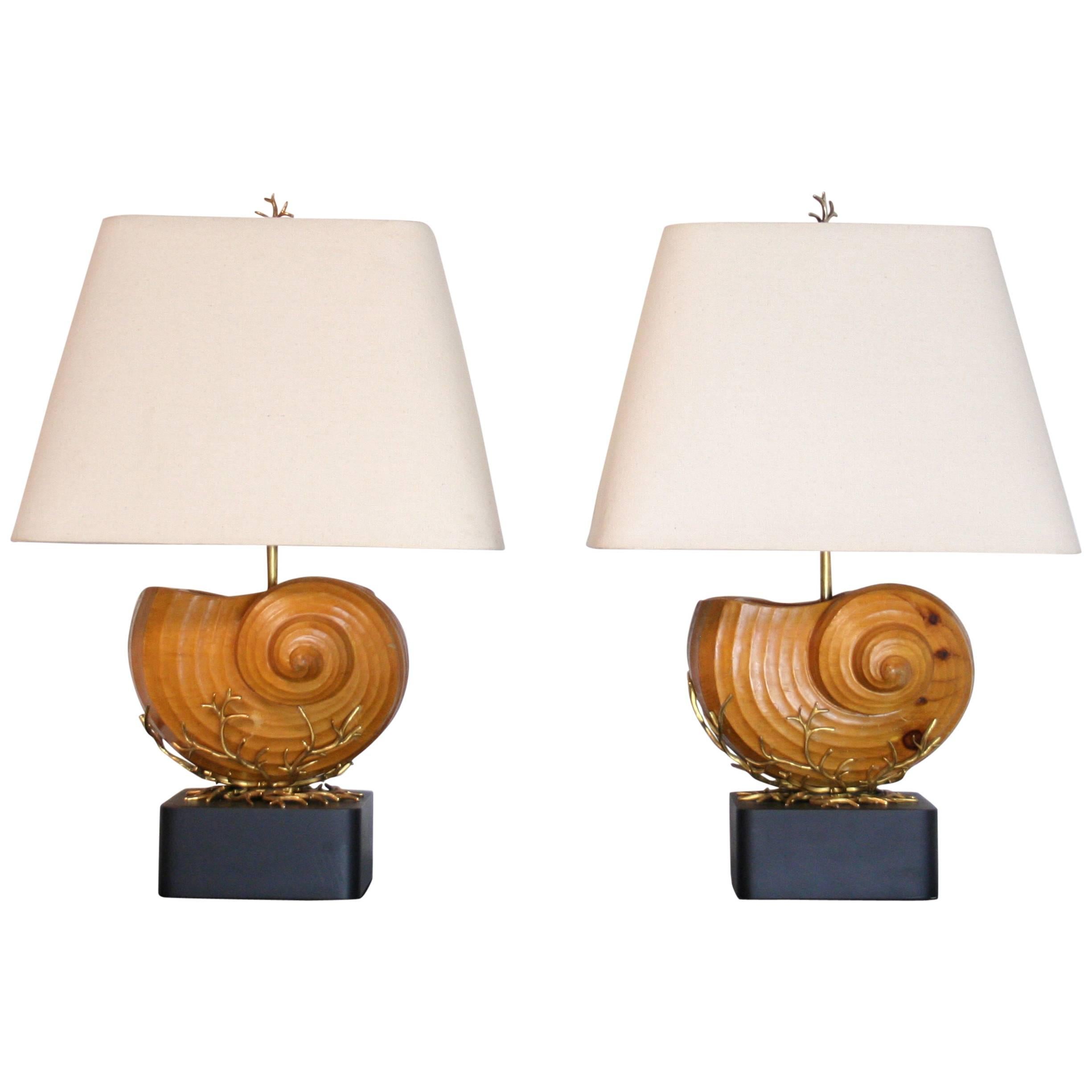 Pair of Carved Wood Nautilus Shell Lamps For Sale