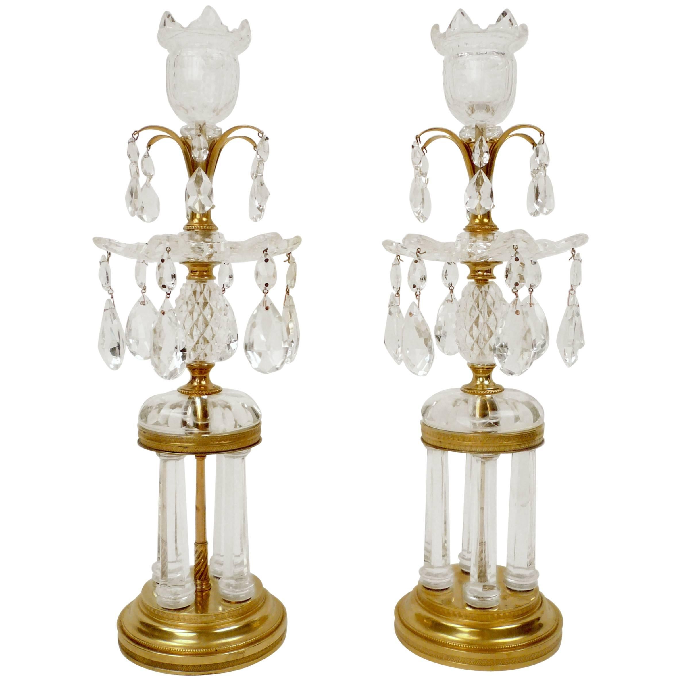 Pair of Bronze and Crystal Temple Form Candlesticks Attributed to Parker & Perry For Sale