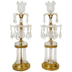 Antique Pair of Bronze and Crystal Temple Form Candlesticks Attributed to Parker & Perry