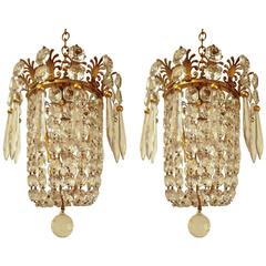 Vintage Pair of Small Gilt Bronze and Crystal Pendant Chandeliers