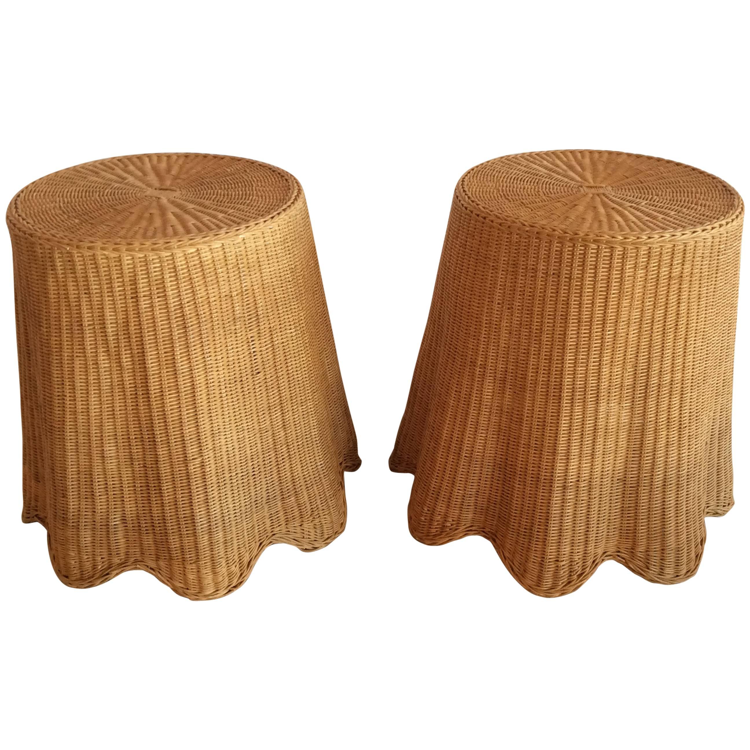 Vintage Pair of Wicker Rattan Drapped Drape End Side Tables Palm Beach Tropical