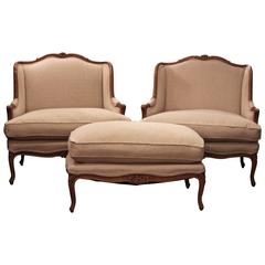 Pair of Louis XV Style Bergères with Ottoman