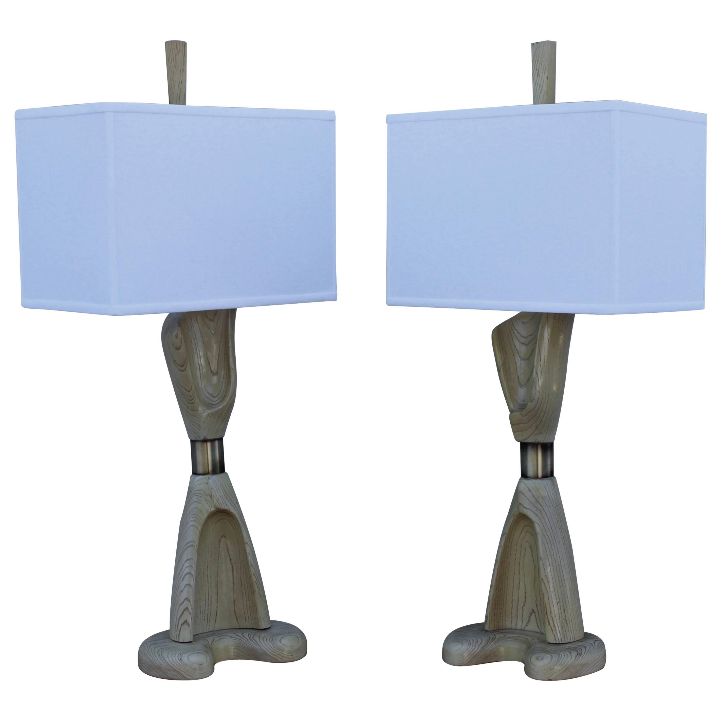 Lampes de table sculpturales en chêne cérusé des années 1960 par Modeline