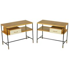 Two Bedside Tables, Ashwood Veneer Formica Metal Brass Tips Vintage, Italy 1950s