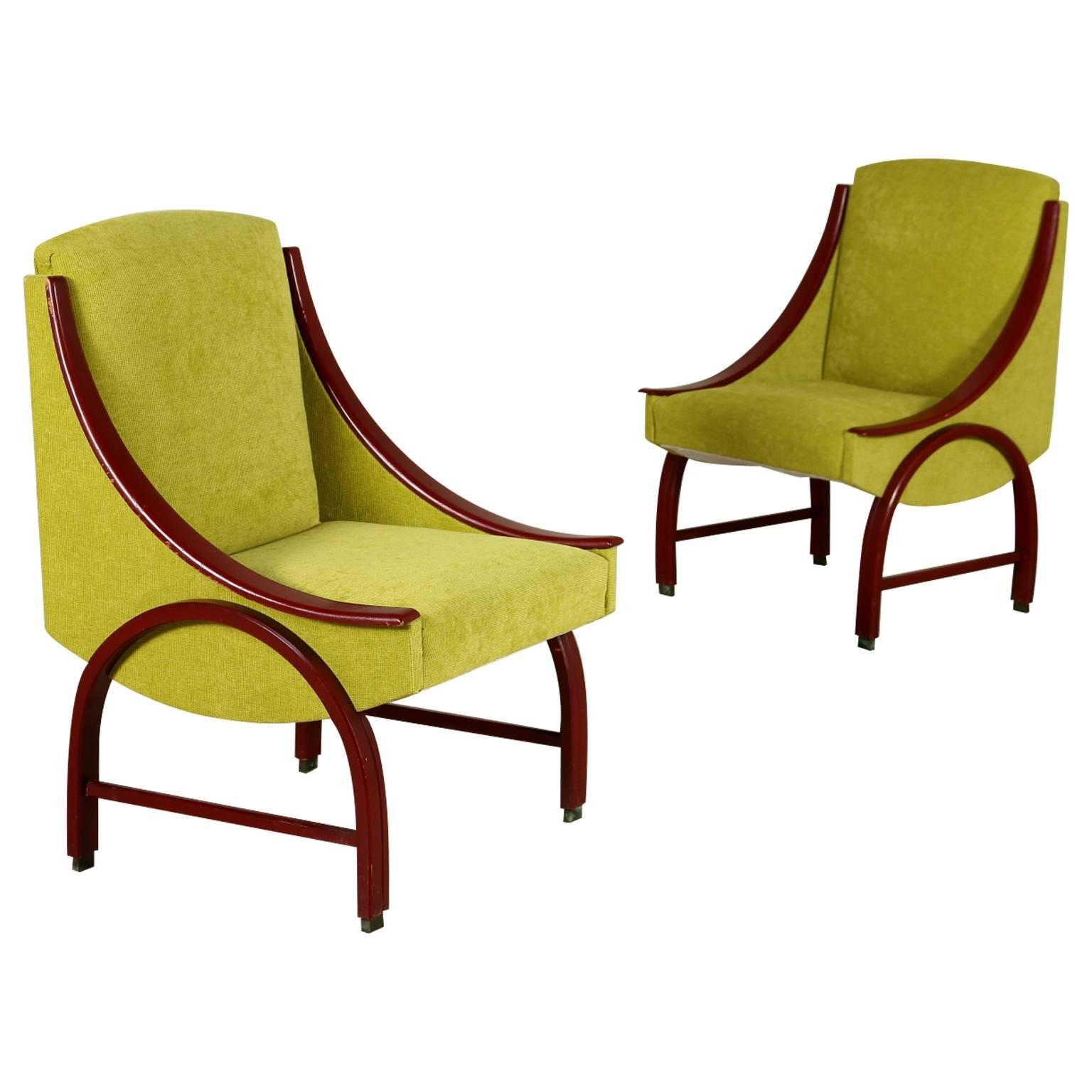 Two Armchairs Lacquered Bentwood Foam Padding Fabric Upholstery Vintage, 1960s