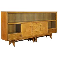 Cabinet Sliding Doors Carved Panel Maple Veneer Brass Vintage, Italy, 1950s